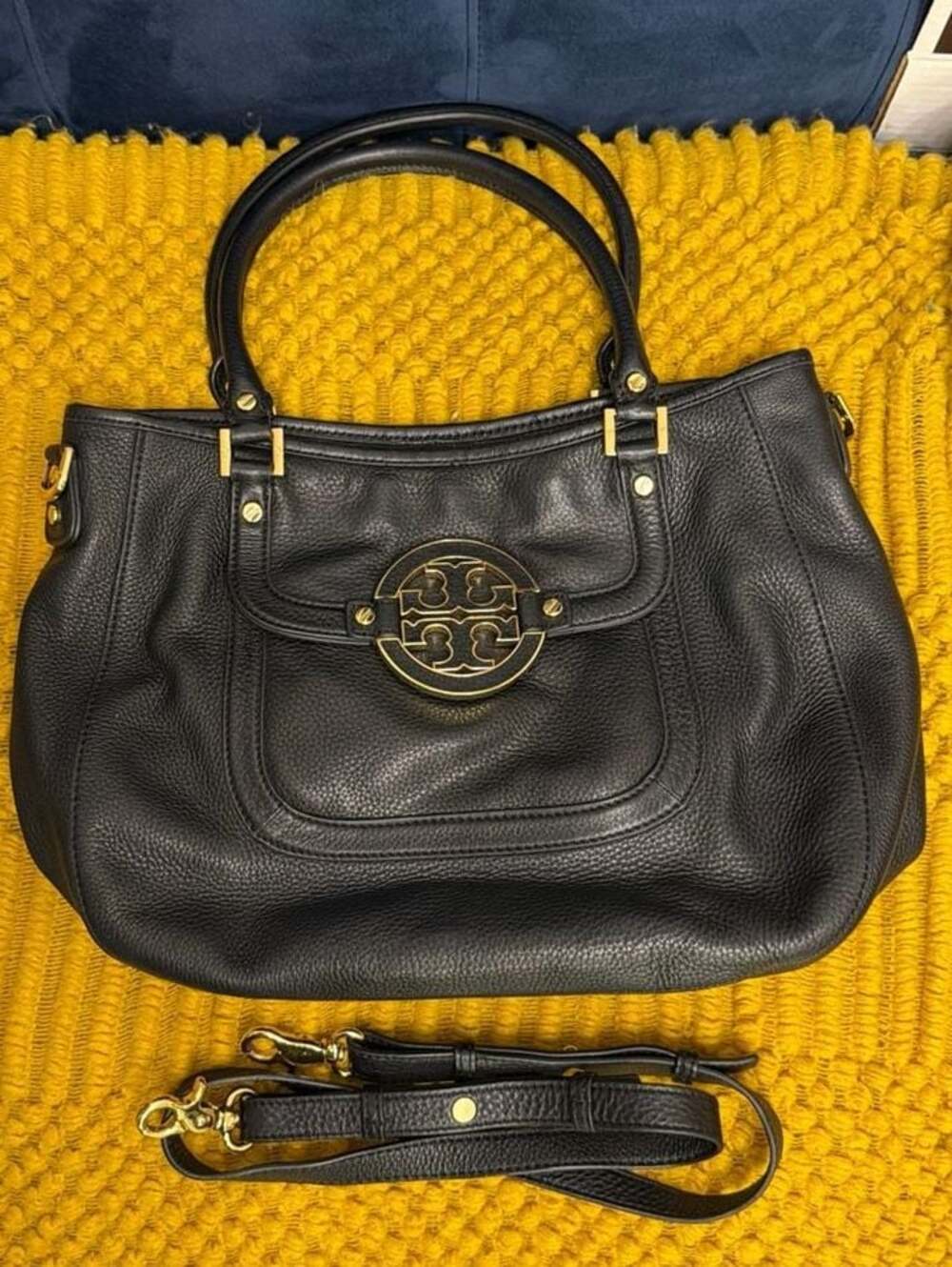 Tory Burch Black Leather Satchel with Gold Logo Hardware